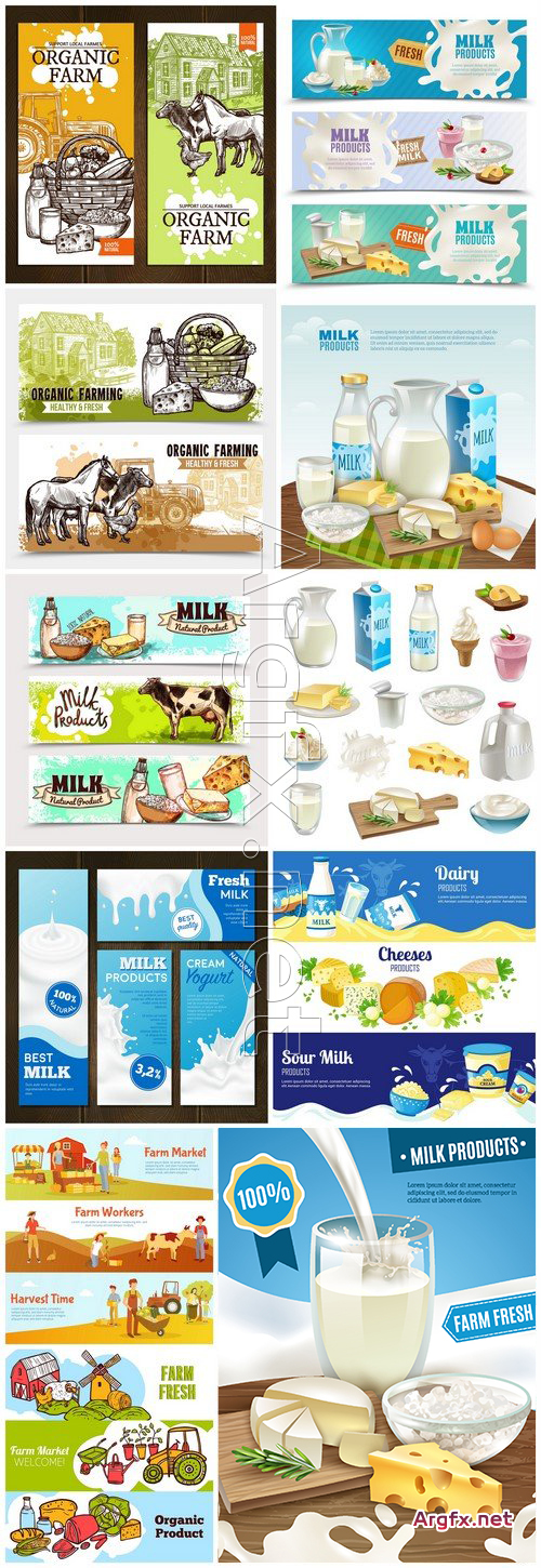  Milk Products banners with advertising of different cheeses sour cream and milk 11X EPS
