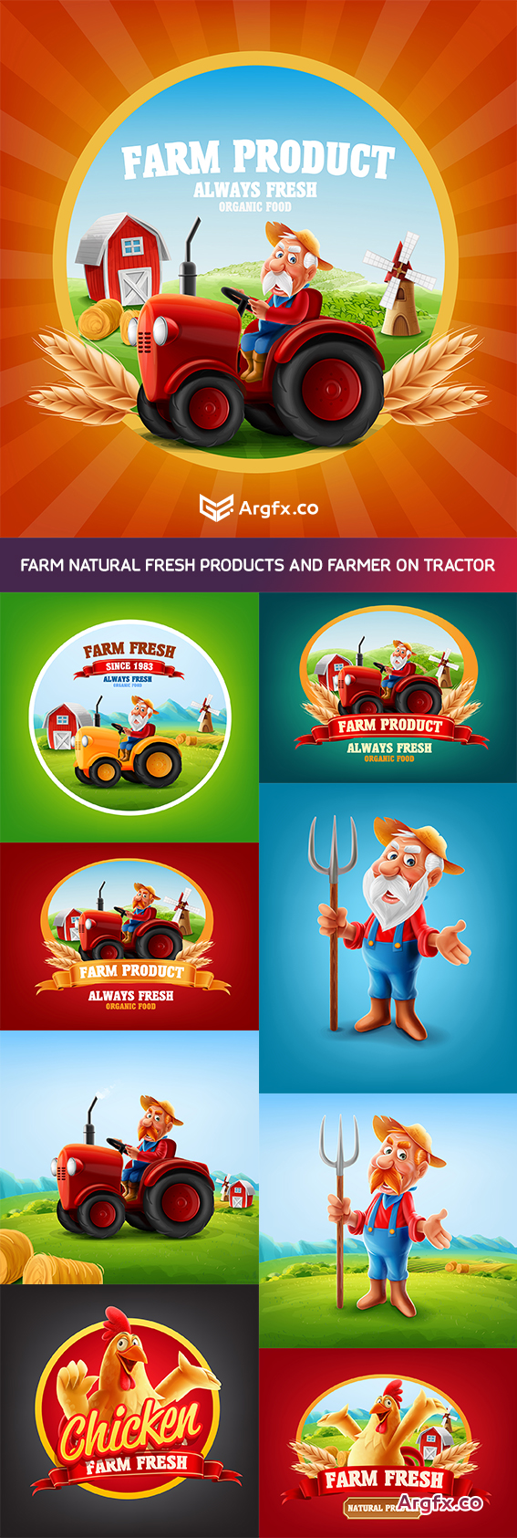  Farm natural fresh products and farmer on tractor